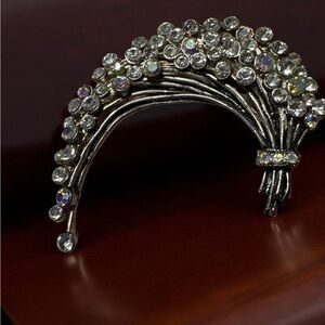 Rare Vintage Hematite-Tone Rhinestone Crescent Spray Brooch AB Crystal Pin